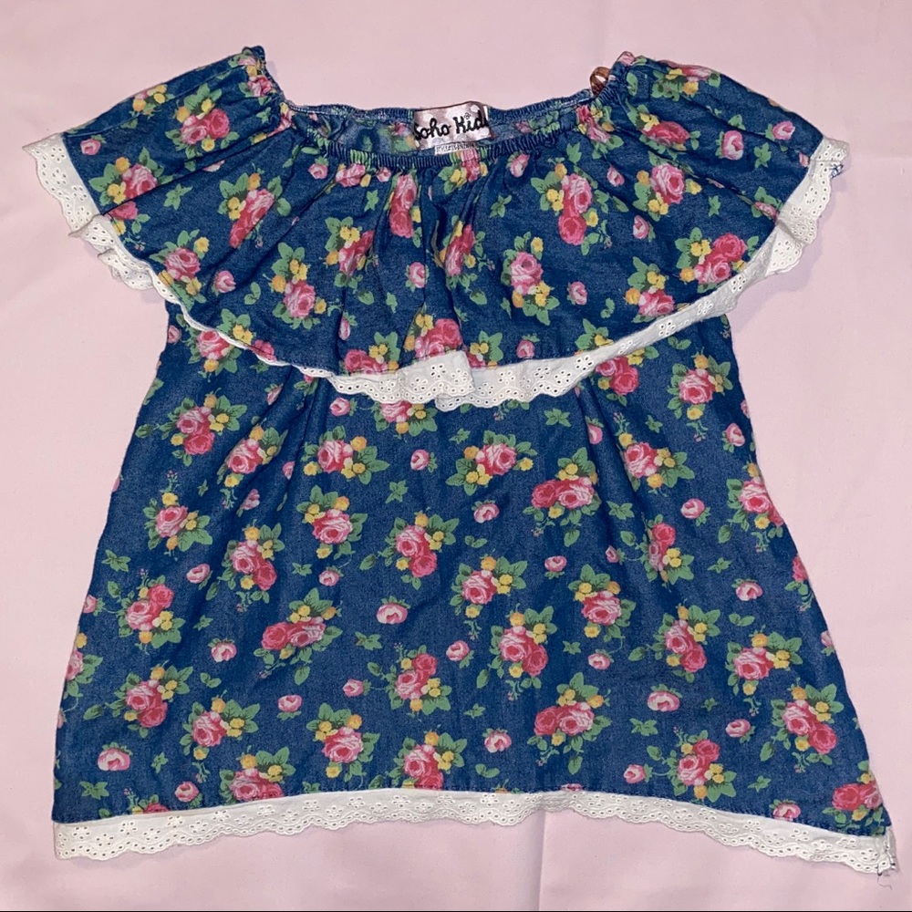 Girl's Floral Denim Off the Shoulder Top, 7/8